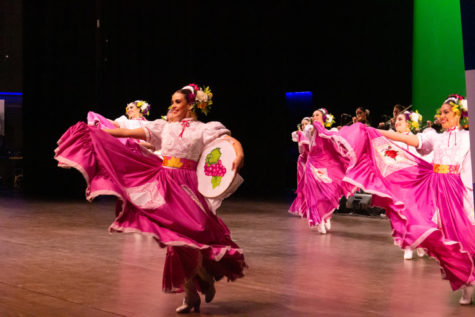 Ballet Folclorico dancers using pictures of fruits, flowers, and pink colors in their performance.