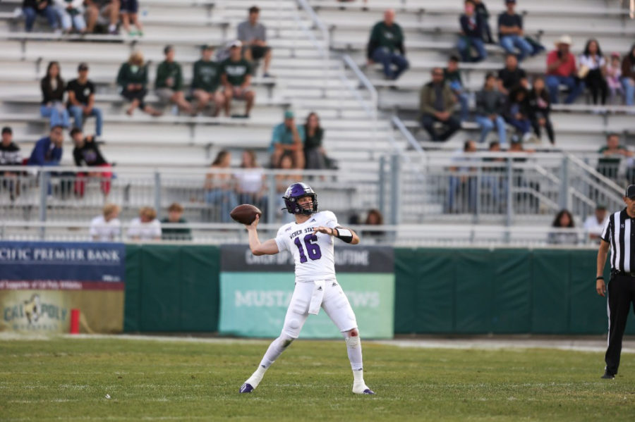 Kylan Weisser preparing to throw a football at Cal Poly in 2021. (Weber State Athletics)