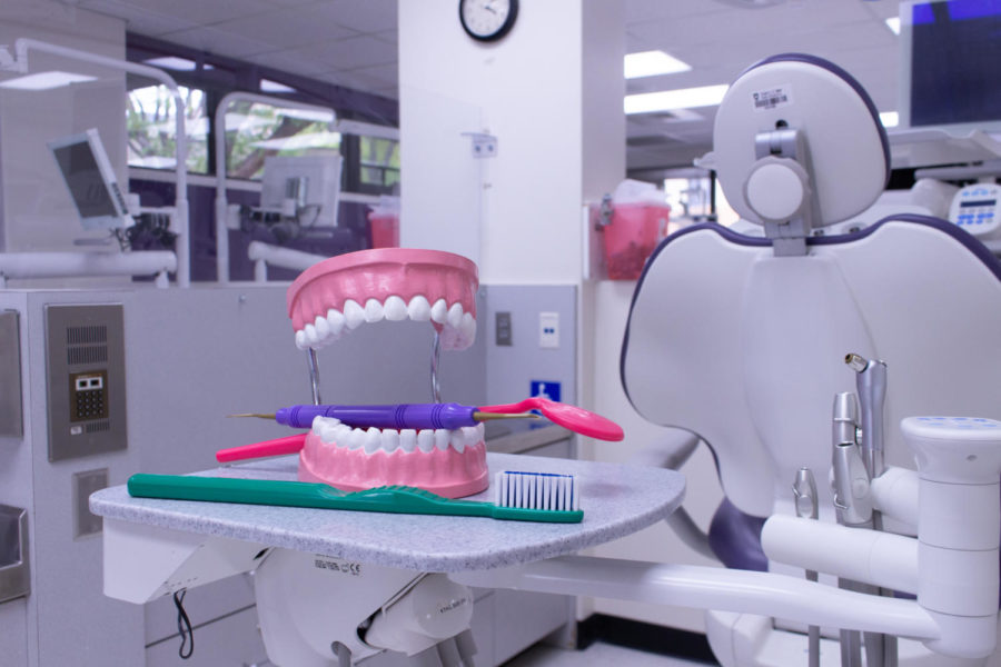 A set of large plastic teeth laying on a dental chair table with dental tools.