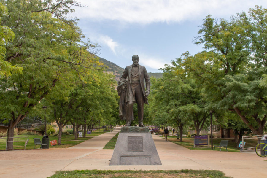 The iconic statue known as Louis Frderick Moench stands at the bottom of the hill below Lindquist Hall and the Miller Administration building.