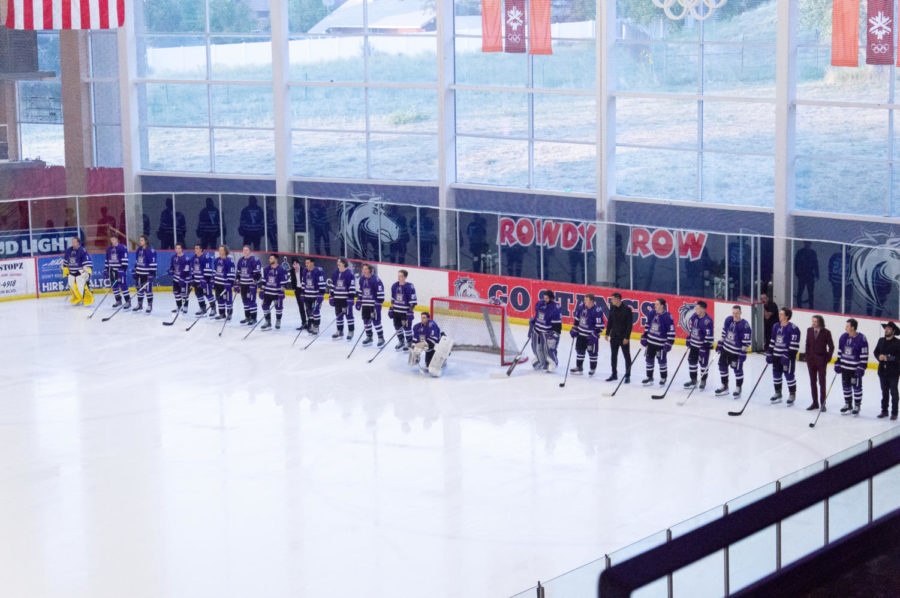 The WSU hockey team lines up before they play. (Simon Mortensen/ The Signpost)