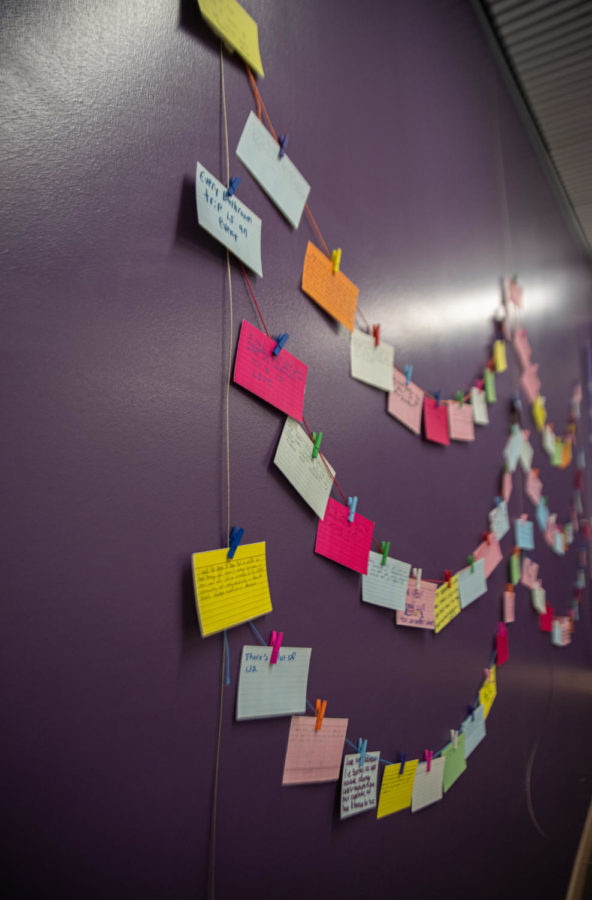 Rainbow Letters Exhibit wall displaying different colored index cards written by attendees about their experience being a member of the LGBTQ community.