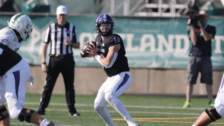 Bronson Barron (10) looks for an open receiver down the field. The quarterback currently averages 239 yards per game, the fifth most in the Big Sky Conference.