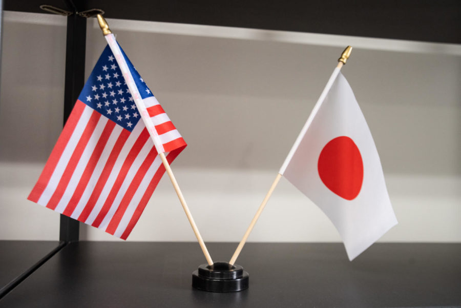 The United States flag and the Japanese flag standing side by side in a display at the International Student and Scholar Center. (The Signpost/Sara Staker)