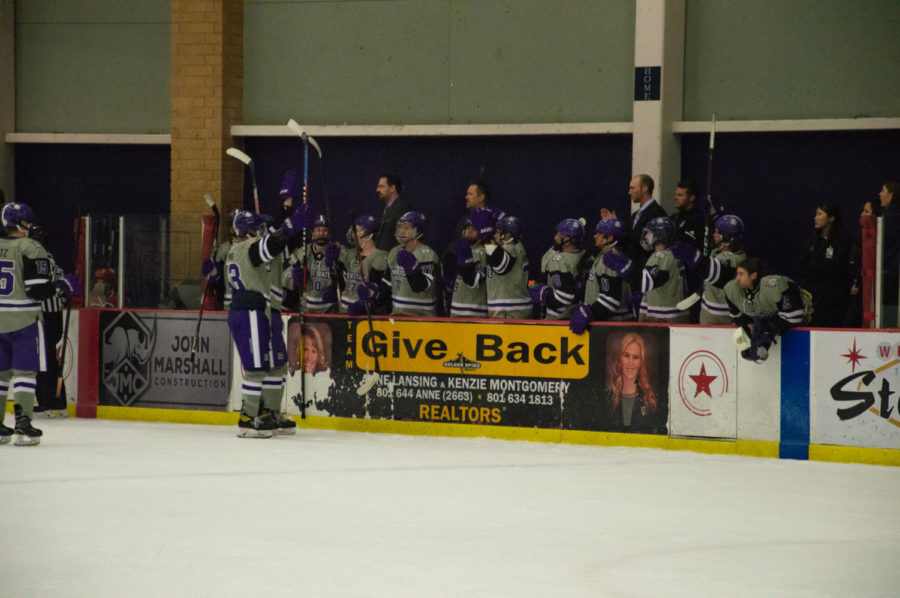 Players celebrating a goal to give Weber State the lead.