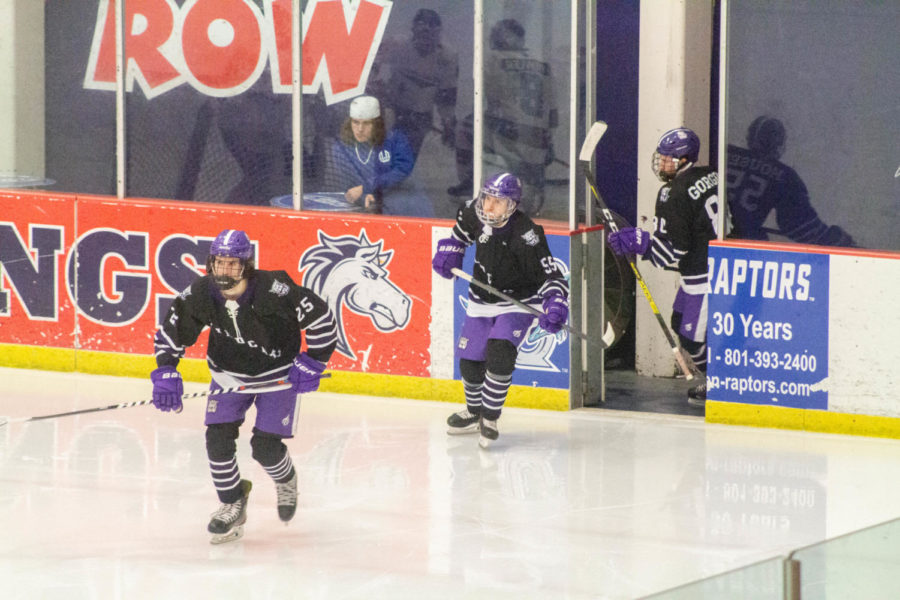 Jacob Schneider (25), Kaden Houser (55) and Andrew Gorges (80) heading back onto the ice after their third break.