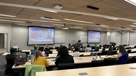 Students gather to talk about the candidates and their reactions to the results as they watched the CNN broadcast on Nov. 8 in Lindquist Hall room 101.