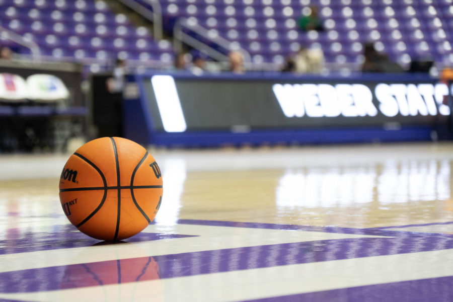 A basketball sits on the side of the basketball court during half time in the Dee Event Center on Nov. 19.