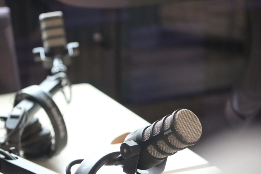 The microphone setup for recording inside of the podcast studio.
