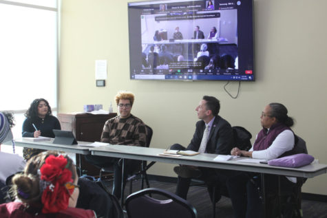 Pictured from left to right: Genesis Vargas, Joshua Wooton, University President Brad Mortensen and Adrienne Andrews. Students discussing the closure of the CME and potential solutions with the panel.