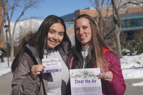 Analeah Vaughn (right) the Sustainability Coordinator and Green Department Program Manager at WSU, and Korynn Martinez (left) a student sustainability coordinator at the sustainability office at WSU promote the Clear the Air ‘23 challenge, Jan. 31.