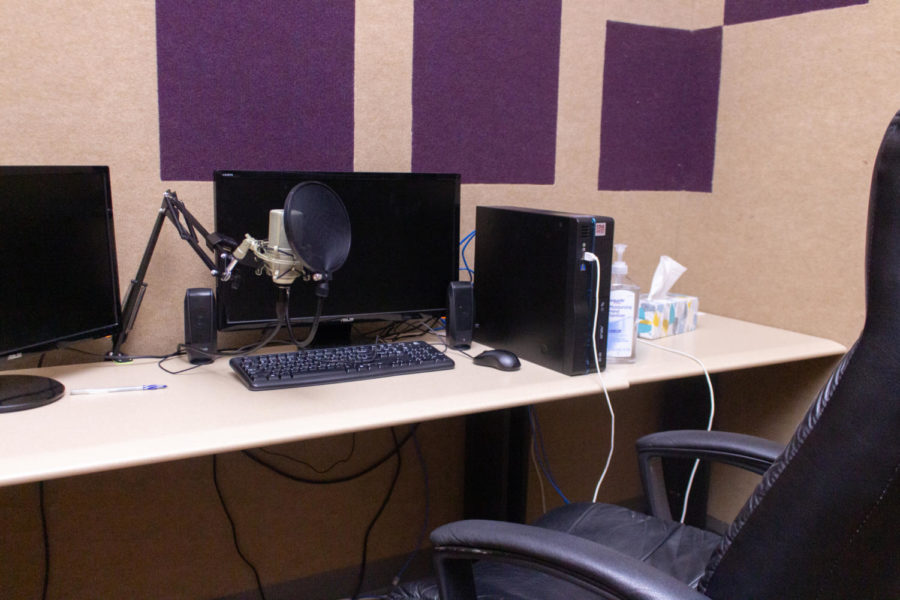 A recording space set up in the corner of the podcast studio for reserved use by Computer Literacy students.