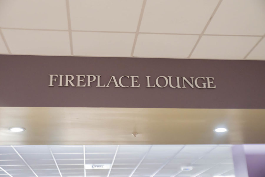 The Fireplace Lounge sign located in the Shepherd Union building.