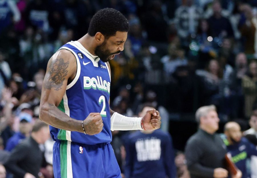 Dallas Mavericks guard Kyrie Irving (2) reacts after nailing a three-pointer during the fourth quarter at the American Airlines Center in Dallas, Feb. 13, 2023.