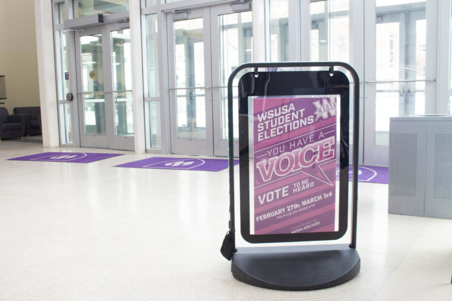 A WSUSA student election sign inside the entryway of the Shepherd Union building.