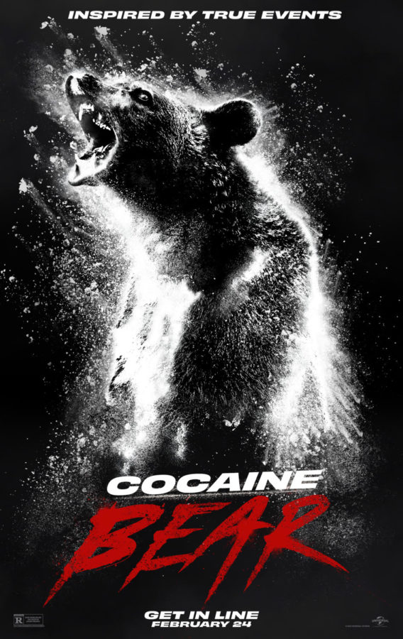 An official movie poster for Universal Pictures Cocaine Bear.
