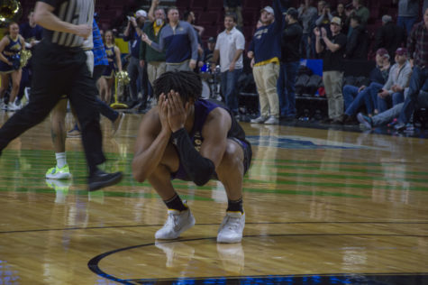 After a season-ending loss to Montana State in double overtime, Jones falls to his knees.