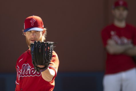 New Phillies reliever Craig Kimbrel throws during workouts in Clearwater, Florida.