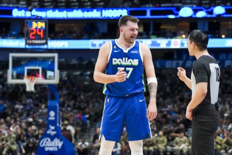 Dallas Mavericks guard Luka Dončić argues for a call during a game against the Detroit Pistons on Jan. 30.