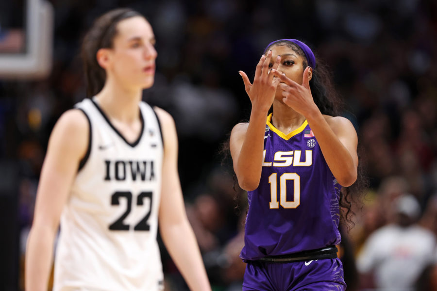 Angel Reese (10) of the LSU Lady Tigers reacts toward Caitlin Clark (22) of the Iowa Hawkeyes during the fourth quarter of the 2023 NCAA Womens Basketball Tournament championship game on April 2.
