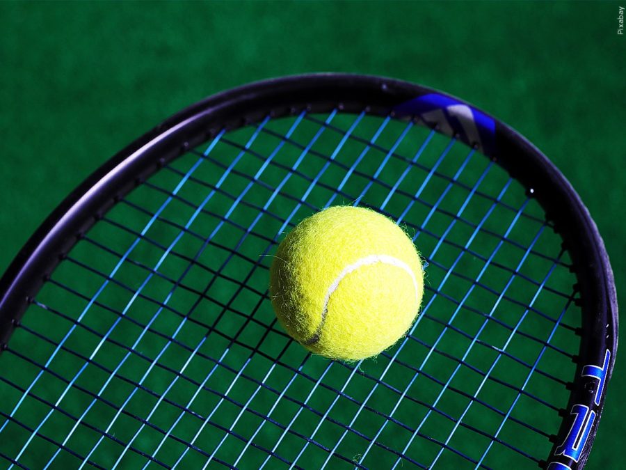 A tennis ball sitting on top of a tennis racket.