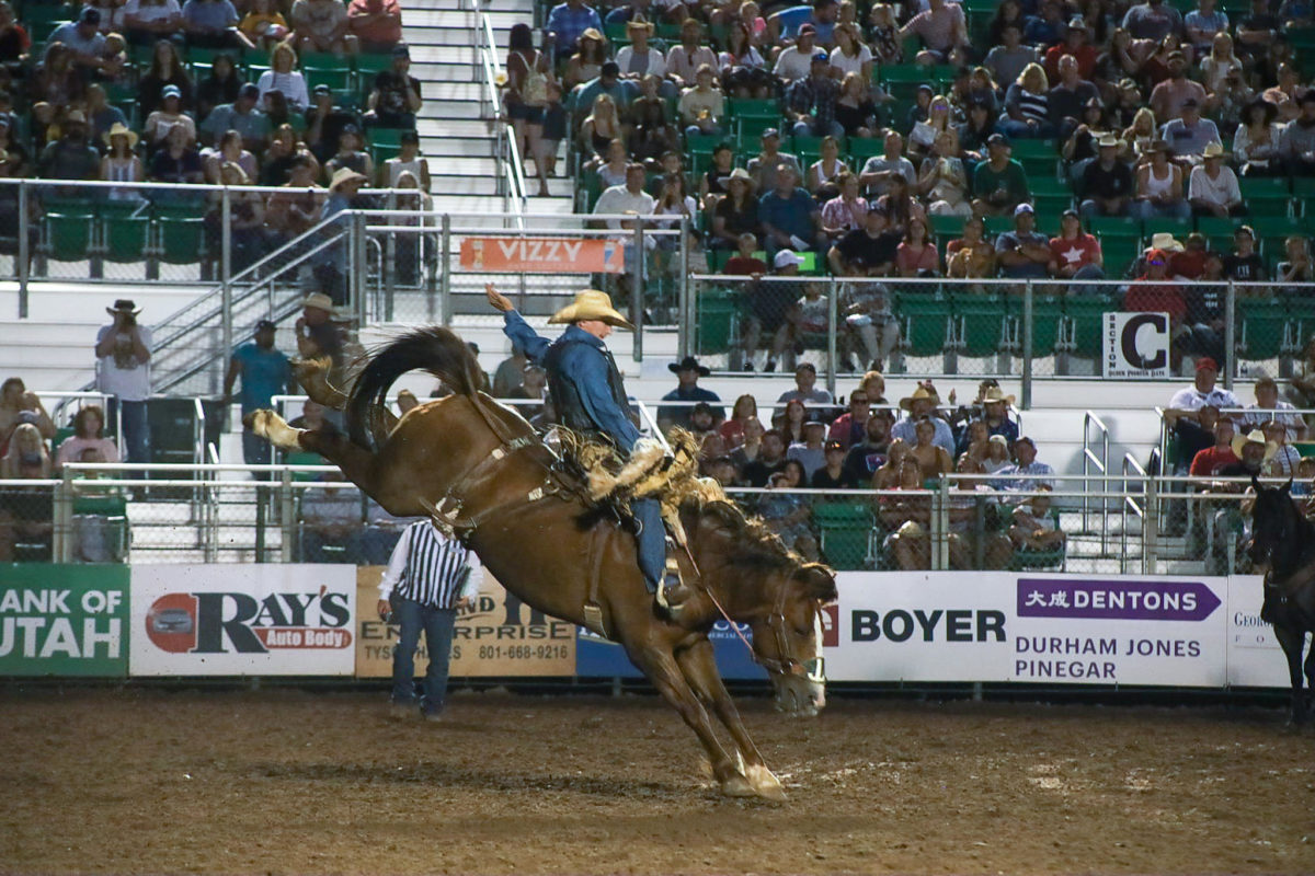 A horse and his rider in a rough stock event.
