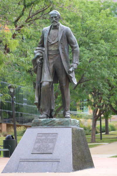 The statue of the founder and first president of Weber State University, Louis Fredrick Moench, that sits at the bottom of campus. The statue is said to bring good luck before an exam by rubbing his right foot.