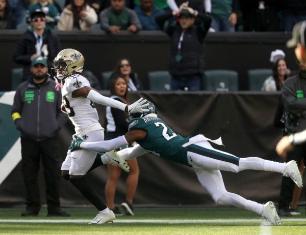 Philadelphia Eagles CB James Bradberry (24) makes the tackle on New Orleans Saints WR/RS Rashid Shaheed (89) during the second quarter at Lincoln Financial Field, Sunday, Jan. 1, 2023.