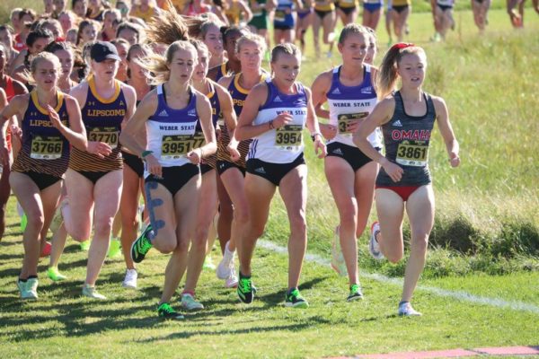The Weber State Womens Cross Country, running in the 2022 Gans Creek XC Classic.