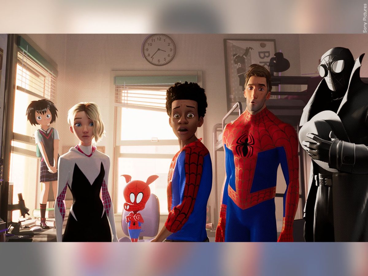 A clip from the 2018 Spiderman: Into the Spider-Verse film showing a few of the different Spiderman variants featured in the movie.