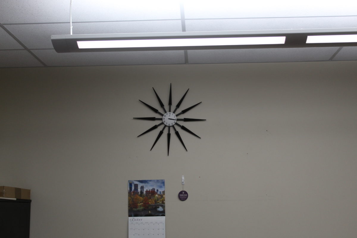 A creative clock inside Elizabeth Hall room 207.