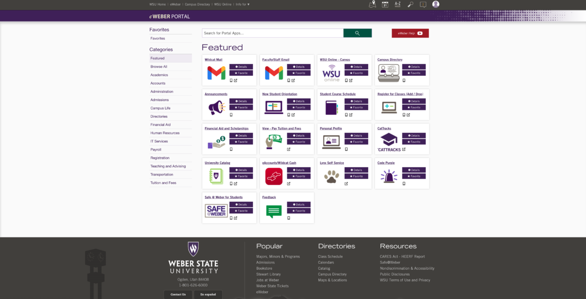 A screen grab of a Weber State Portal,  Featured screen, showing the Code Purple section.