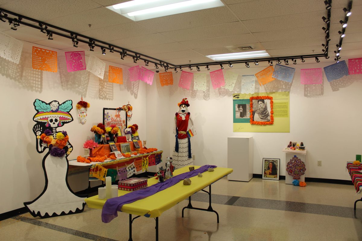A partially decorated display room with ofrendas. Photo was taken a day after the Day of the Dead.