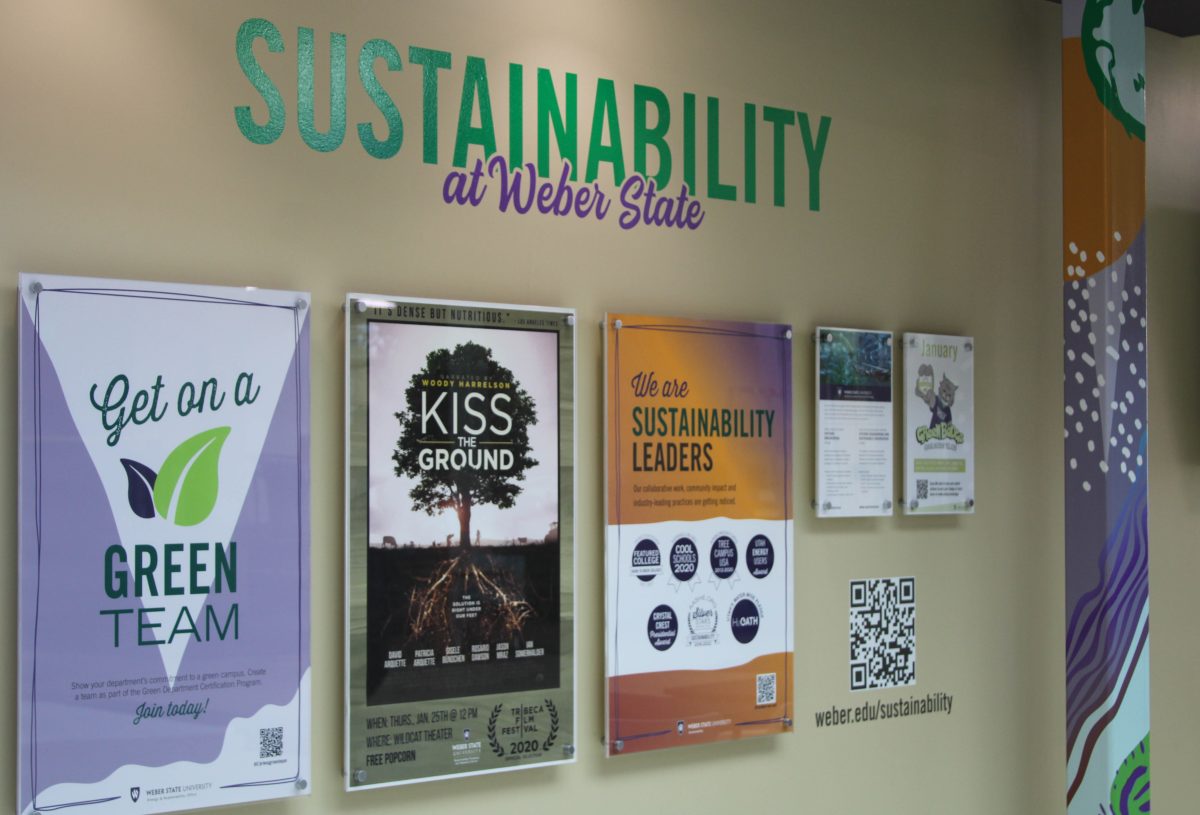 A wall in the Shepard Union building dedicated to Weber State Universitys Sustainability club, showcasing what they do around campus and how to start getting involved.