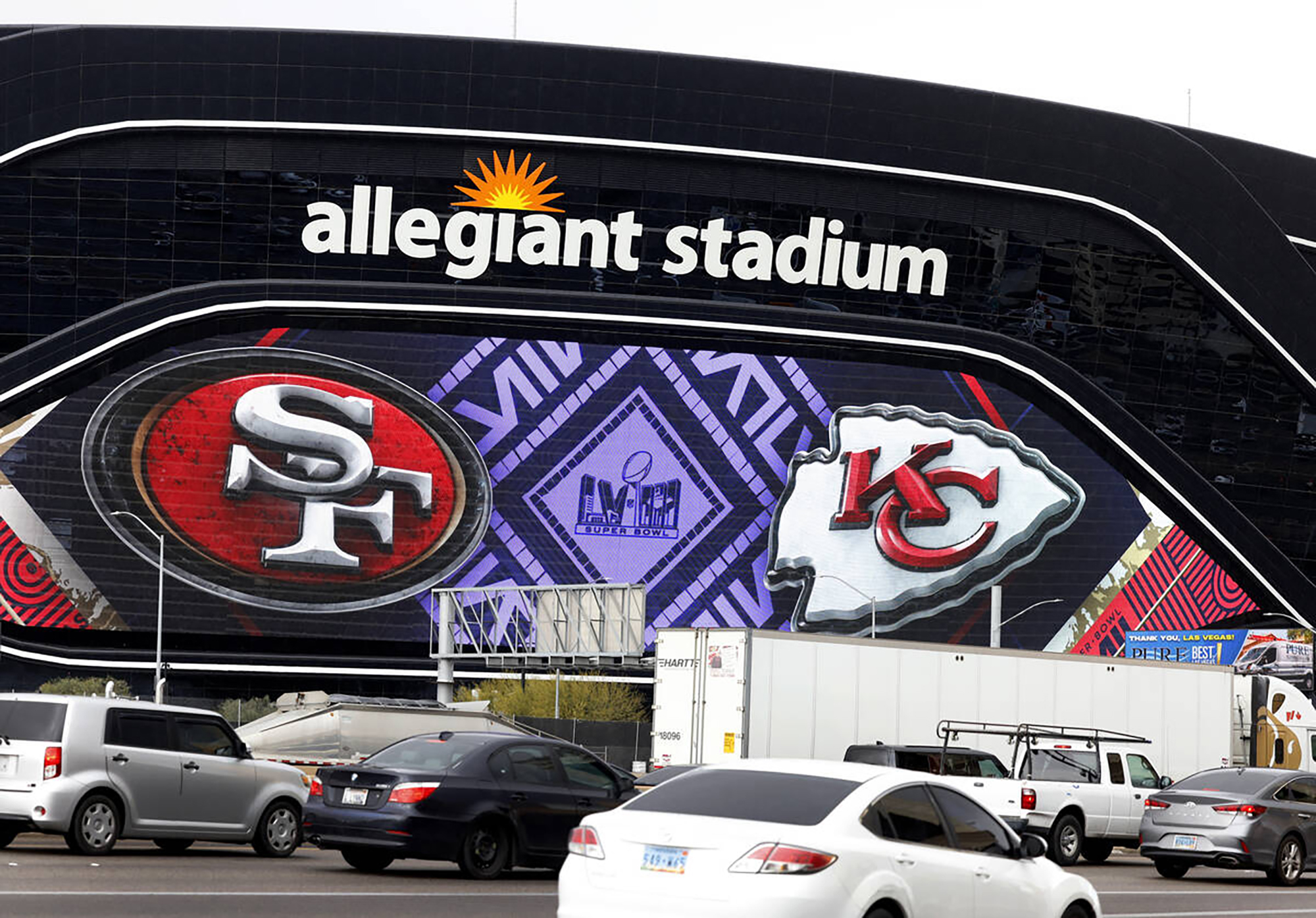 Allegiant Stadium is seen dressed up for the Super Bowl as Super Bowl preparations continue, on Friday, Feb. 2, 2024, in Las Vegas. Super Bowl LVIII will be played at Allegiant Stadium, on Sunday, February 11, 2024.