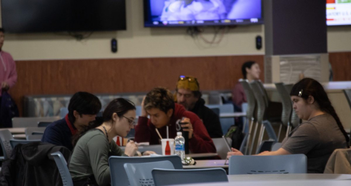 Students sit in Shepard Union as they take a break to eat lunch and study together.