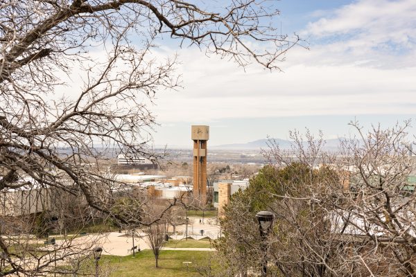 Weber State Universtiy bell tower seen from the top of a staircase near the Center for Interprofessional Education Health Care building. 
