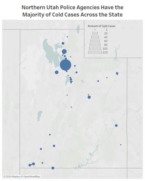Map of Utah showing Utah police agencies.  Size shows count of Cold Case Database. Data was scraped my Morgan Keller from the Utah department of public safety cold case website. URL: https://bci.utah.gov/coldcases/