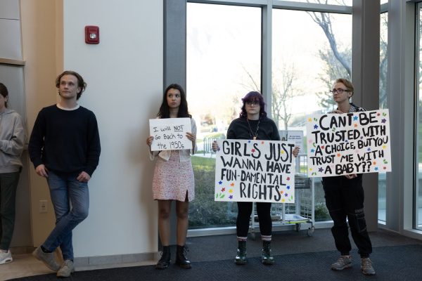 Weber State Universtiy students protesting in the opening of the Lindquist Hall building. (Kennedy Camarena/The Signpost)
