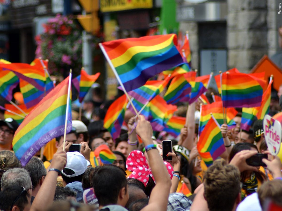 Crowds of people waving pride flags at a festival celebrating Pride month.