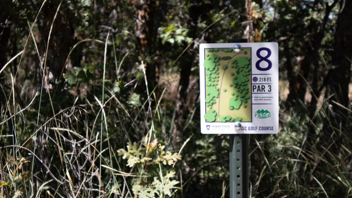 The guide sign for hole eight stands surrounded by weeds. (AJ Handley/The Signpost)