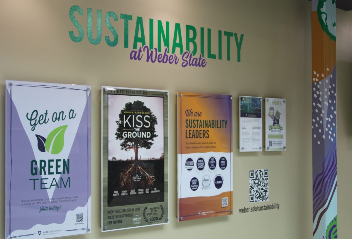 A wall in the Shepard Union building dedicated to Weber State University's Sustainability club, showcasing what they do around campus and how to start getting involved.