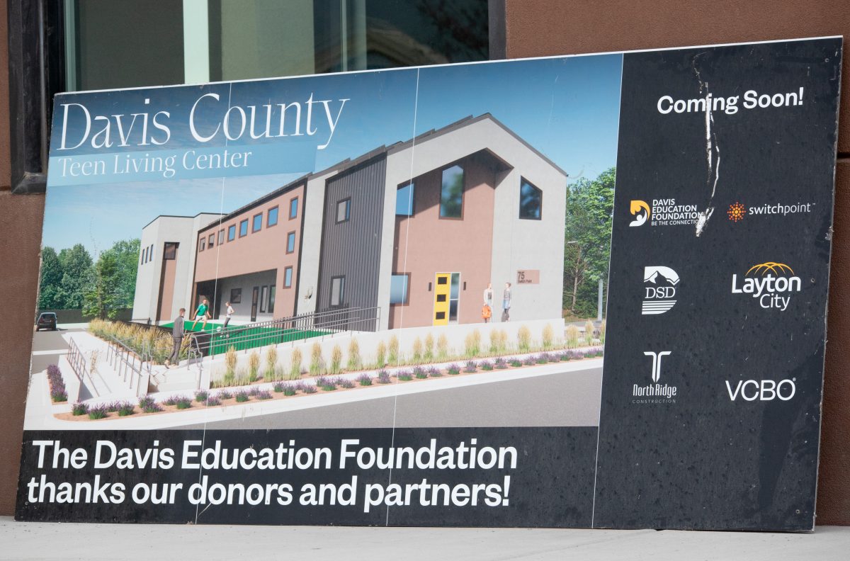 The project builders give appreciation to all donors on a sign outside of the construction site for the incoming Davis County Teen Living Center.