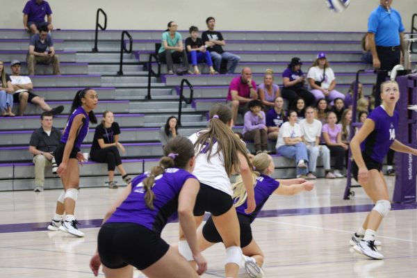 Weber State University Volleyball team diving towards the ball.