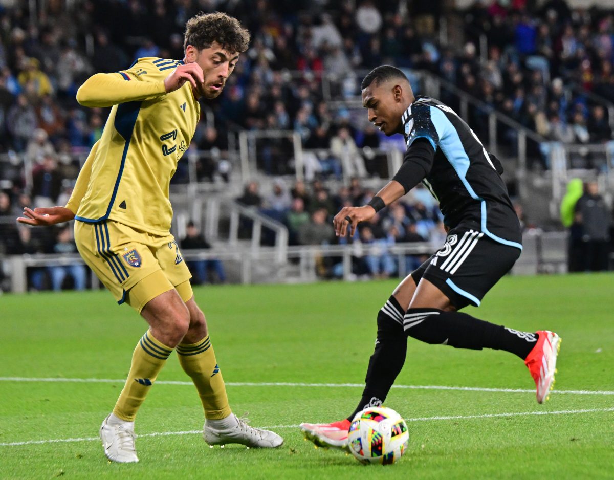 Minnesota United midfielder Joseph Rosales (8) maneuvers against Real Salt Lake midfielder Matt Crooks (25) in the second half of a MLS game at Allianz Field in St. Paul on Saturday, April 6, 2024. The match was a 1-1 draw.