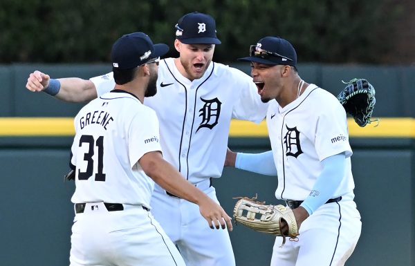 Riley Greene (31), Parker Meadows (22) and Wenceel Pérez (46) celebrate after the final out. Detroit Tigers vs Cleveland Guardians in MLB ALDS Game 3 at Comerica Park in Detroit on October 9, 2024. Tigers win, 3-0.