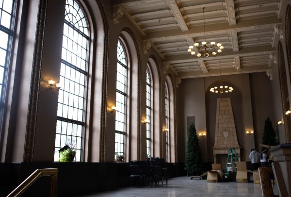 Christmas decorations being set up inside the ballroom.