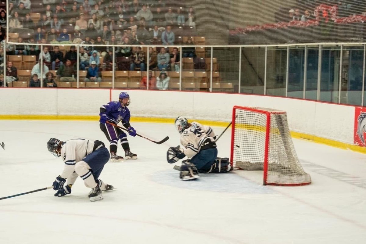 Weber State Hockey Forward, Cory Mater (10), shooting a puck into the goal during a hockey game.