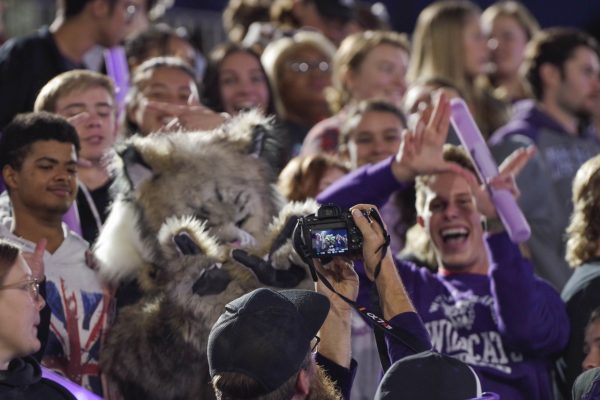 Waldo the Wildcat taking photos with Weber State fans at the homecoming football game.