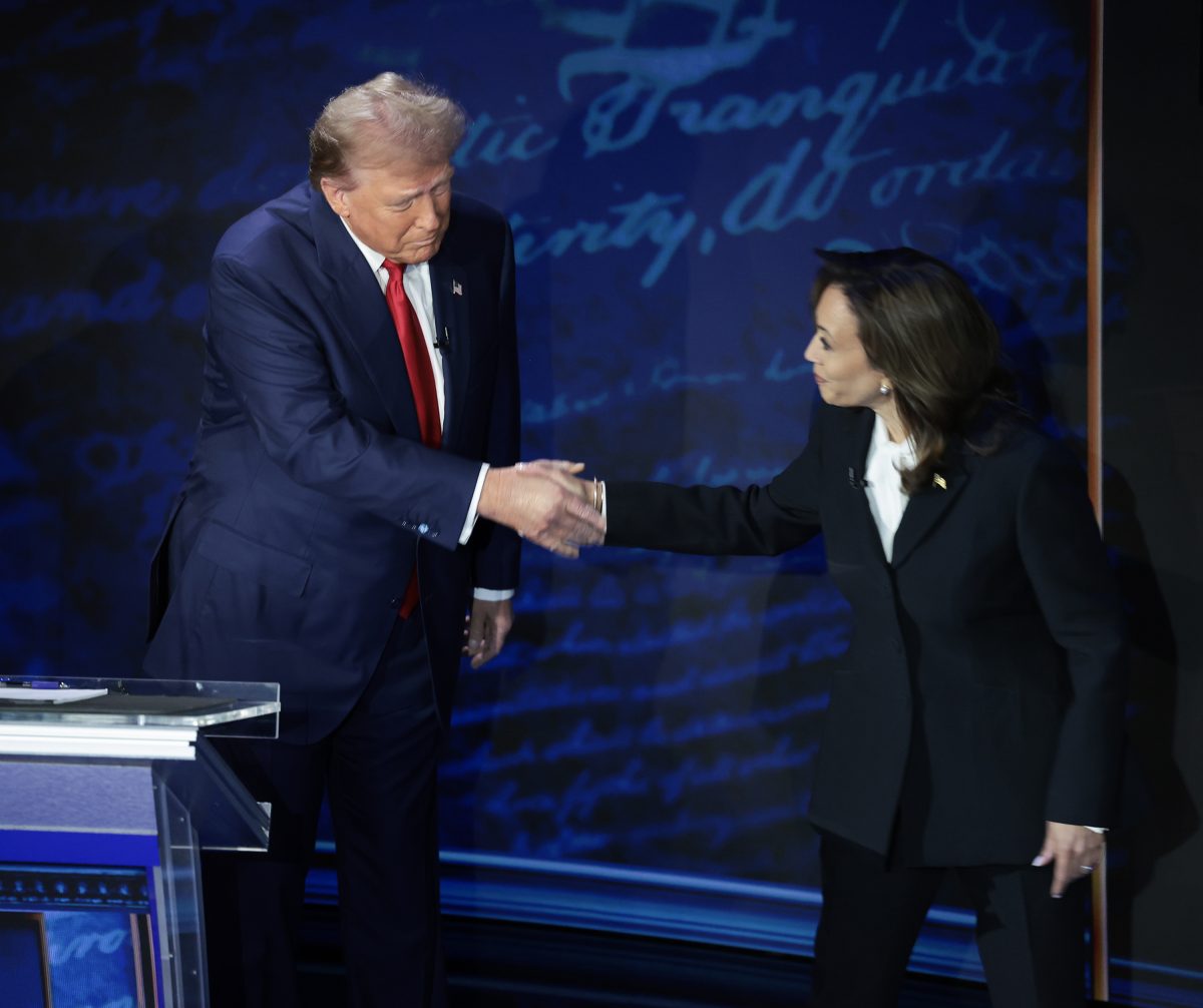 PHILADELPHIA, PENNSYLVANIA - SEPTEMBER 10: Republican presidential nominee, former U.S. President Donald Trump and Democratic presidential nominee, U.S. Vice President Kamala Harris greet as they debate for the first time during the presidential election campaign at The National Constitution Center on September 10, 2024 in Philadelphia, Pennsylvania. After earning the Democratic Party nomination following President Joe Biden's decision to leave the race, Harris faced off with Trump in what may be the only debate of the 2024 race for the White House.